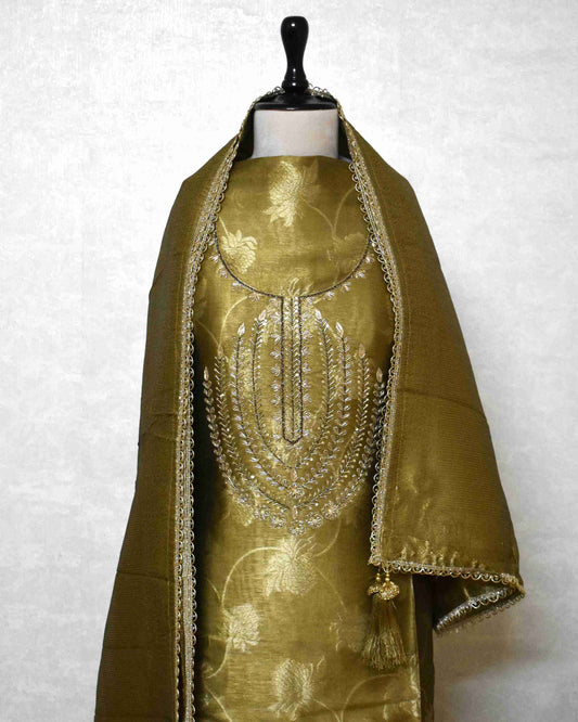 Premium Olive Gold Jacquard Silk Suit Set with Embroidered Neck & Woven Dupatta