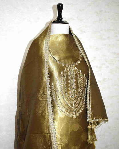 Premium Olive Gold Jacquard Silk Suit Set with Embroidered Neck & Woven Dupatta