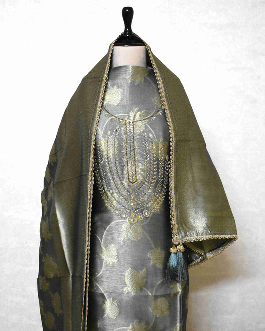 Premium Silver Grey Jacquard Silk Suit Set with Embroidered Neck & Woven Dupatta