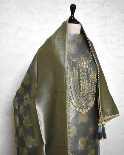 Premium Silver Grey Jacquard Silk Suit Set with Embroidered Neck & Woven Dupatta