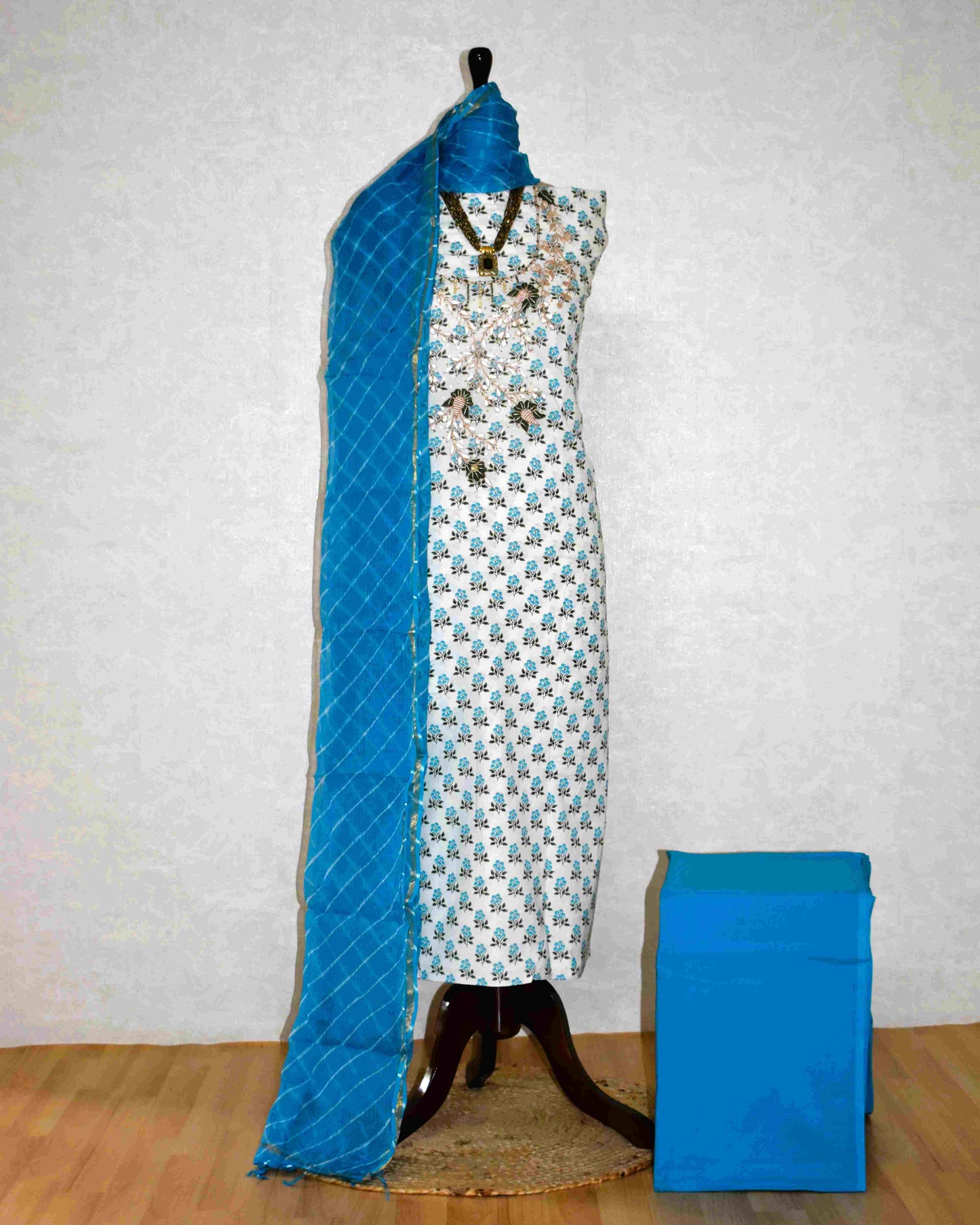 Hand Block Printed Cotton Suit with Gota Patti Hand Embroidery and Kota Doria Leheriya Dupatta