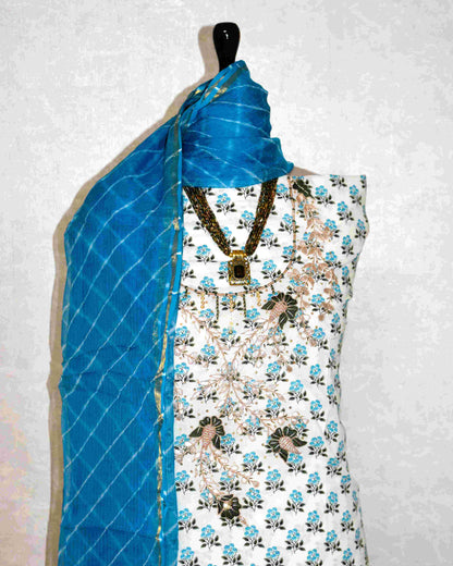Hand Block Printed Cotton Suit with Gota Patti Hand Embroidery and Kota Doria Leheriya Dupatta