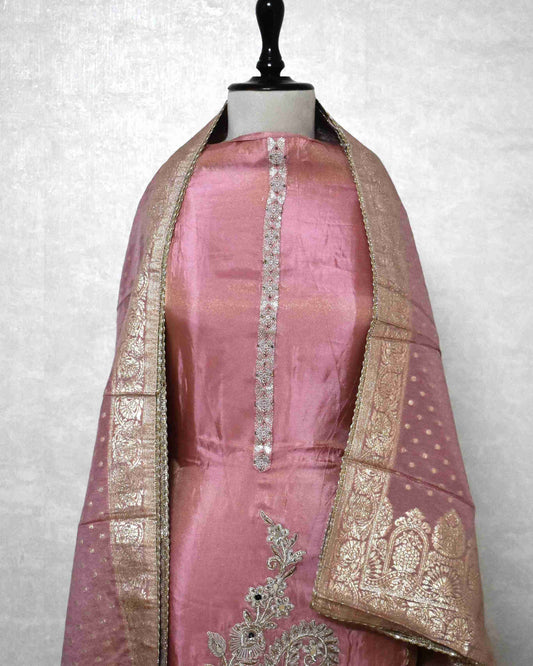 Rose Pink Designer Suit Set with Intricate Paisley Embroidery & Banarasi Dupatta