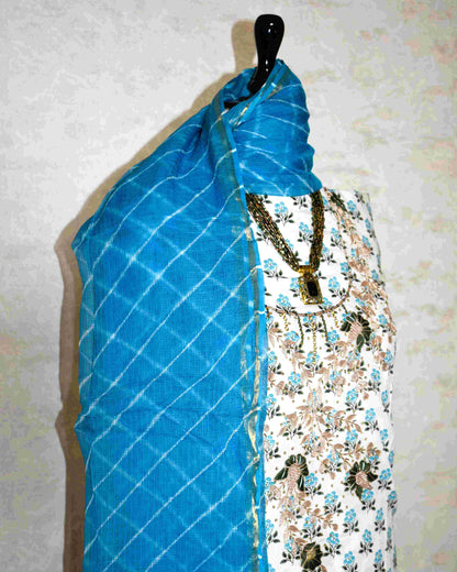 Hand Block Printed Cotton Suit with Gota Patti Hand Embroidery and Kota Doria Leheriya Dupatta