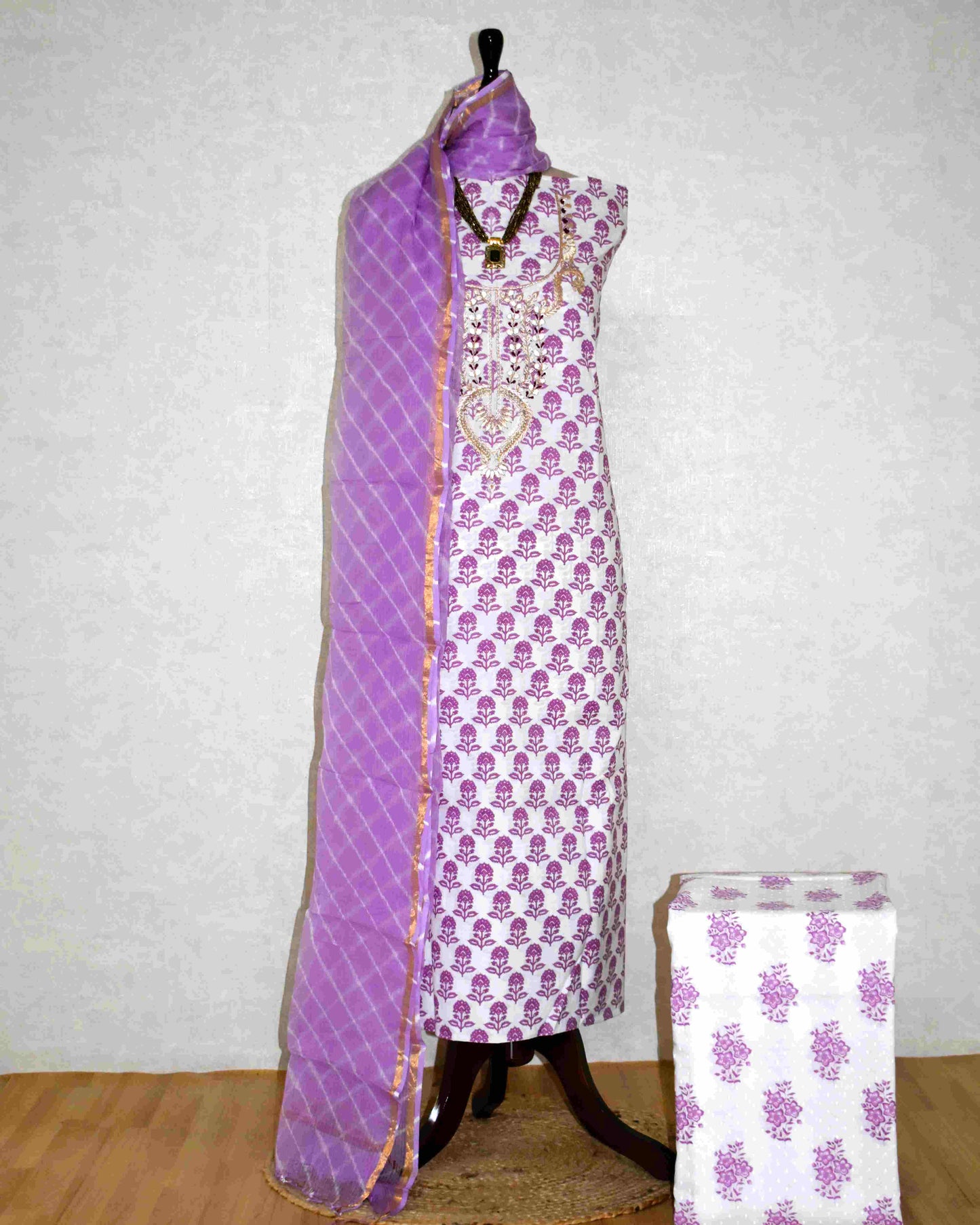 Hand Block Printed Cotton Suit with Gota Patti Hand Embroidery and Kota Doria Leheriya Dupatta