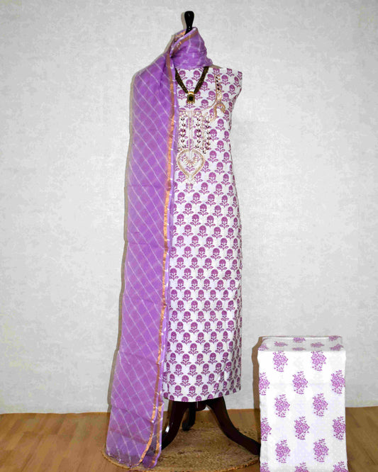 Hand Block Printed Cotton Suit with Gota Patti Hand Embroidery and Kota Doria Leheriya Dupatta