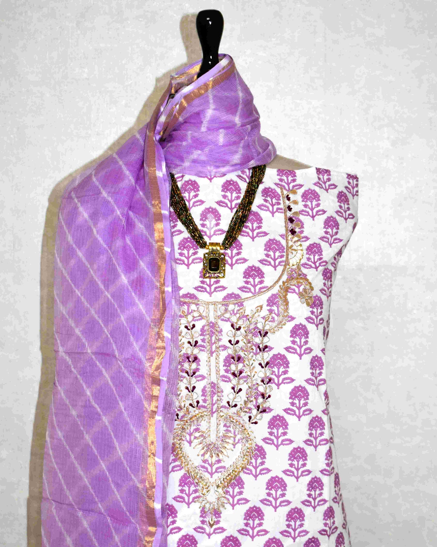 Hand Block Printed Cotton Suit with Gota Patti Hand Embroidery and Kota Doria Leheriya Dupatta