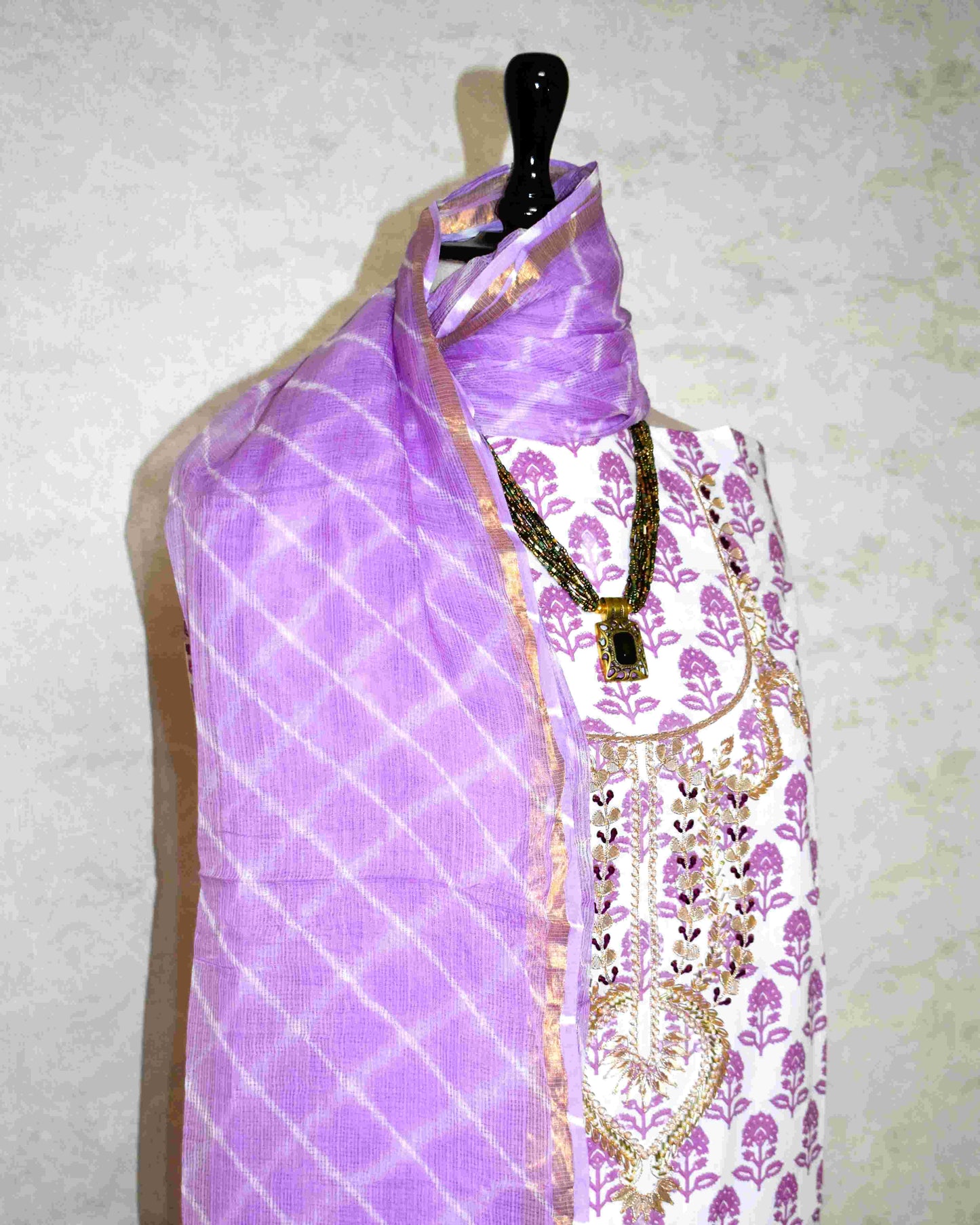 Hand Block Printed Cotton Suit with Gota Patti Hand Embroidery and Kota Doria Leheriya Dupatta