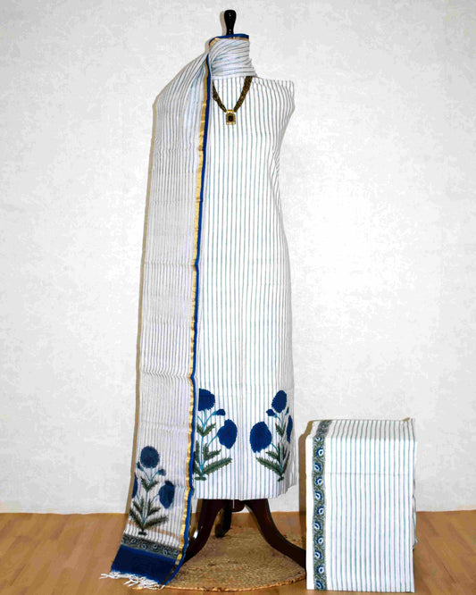 Hand Block Printed Premium Cotton Unstitched Suit with Blue Floral Buta & Kota Doria Dupatta - Curated Edit