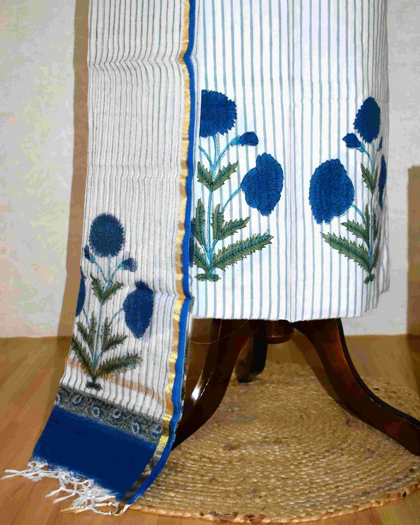 Hand Block Printed Premium Cotton Unstitched Suit with Blue Floral Buta & Kota Doria Dupatta - Curated Edit