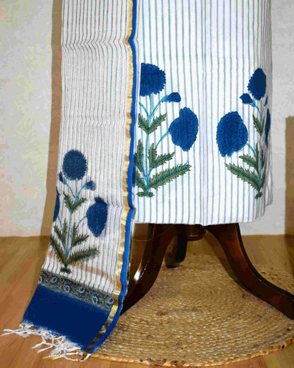 Hand Block Printed Premium Cotton Unstitched Suit with Blue Floral Buta & Kota Doria Dupatta - Curated Edit