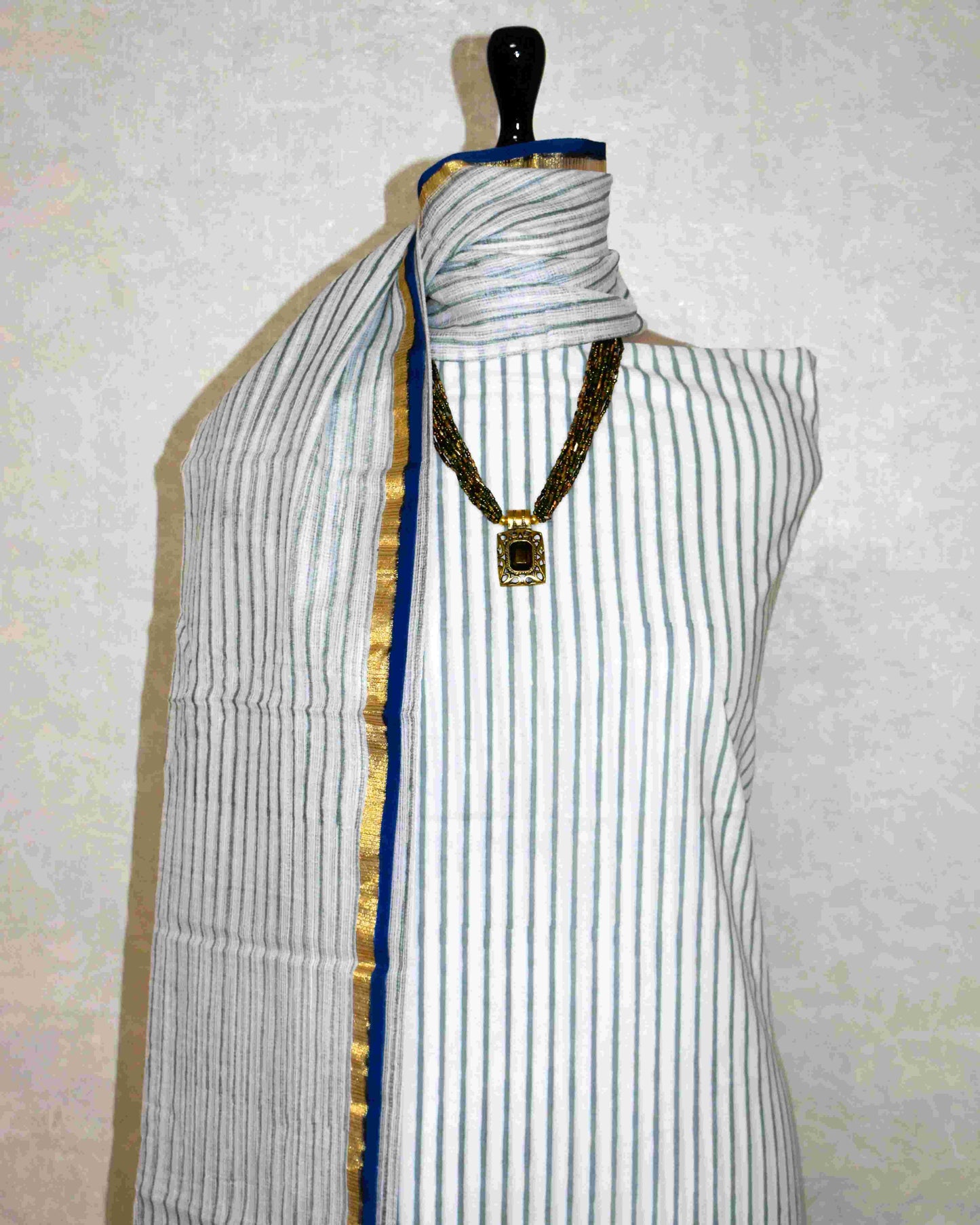 Hand Block Printed Premium Cotton Unstitched Suit with Blue Floral Buta & Kota Doria Dupatta - Curated Edit
