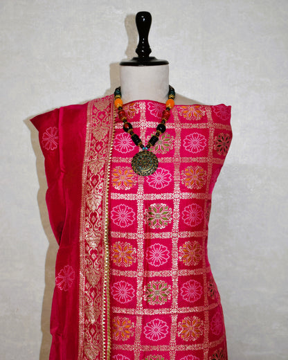 Fuchia Banarasi Dola Silk Suit Set with Dola Silk Dupatta