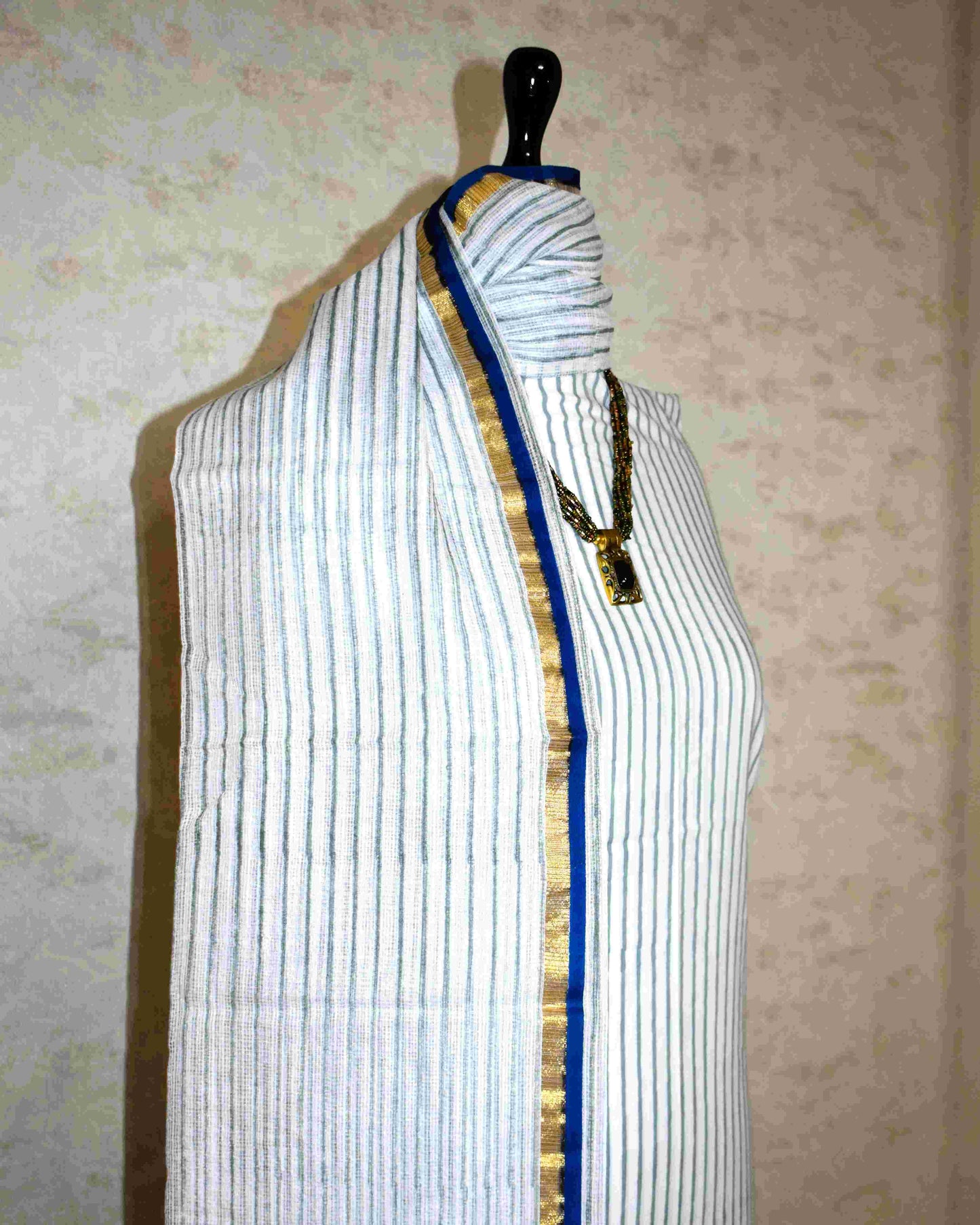 Hand Block Printed Premium Cotton Unstitched Suit with Blue Floral Buta & Kota Doria Dupatta - Curated Edit