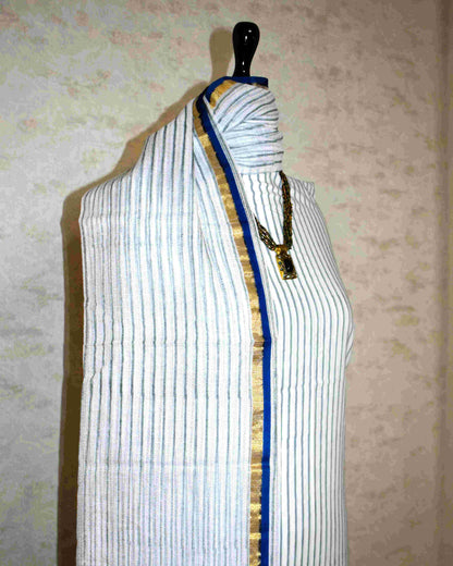 Hand Block Printed Premium Cotton Unstitched Suit with Blue Floral Buta & Kota Doria Dupatta - Curated Edit