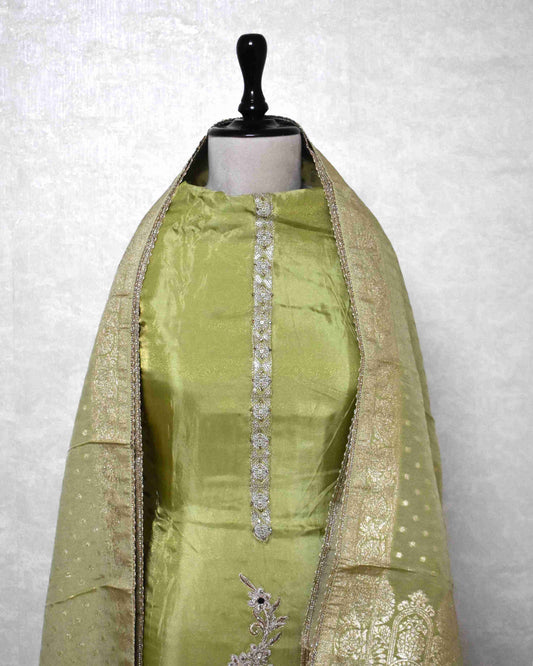 Mehendi Green Designer Suit Set with Intricate Paisley Embroidery & Banarasi Dupatta