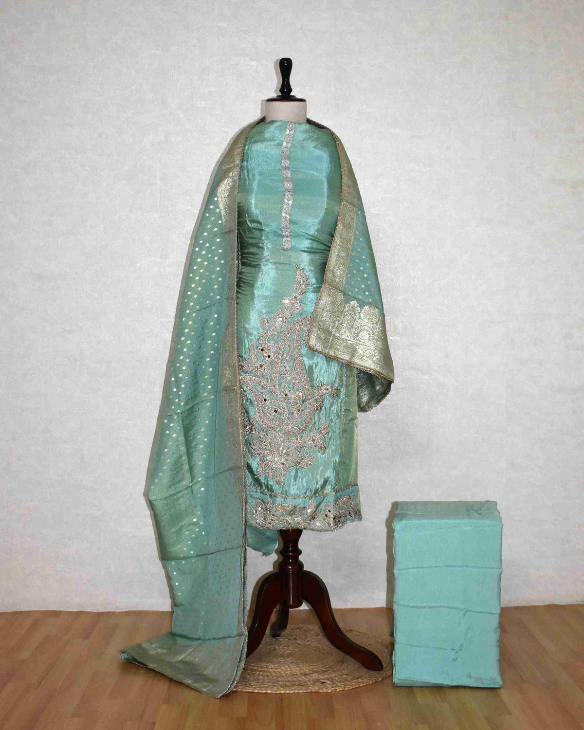 Blue Designer Suit Set with Intricate Paisley Embroidery & Banarasi Dupatta