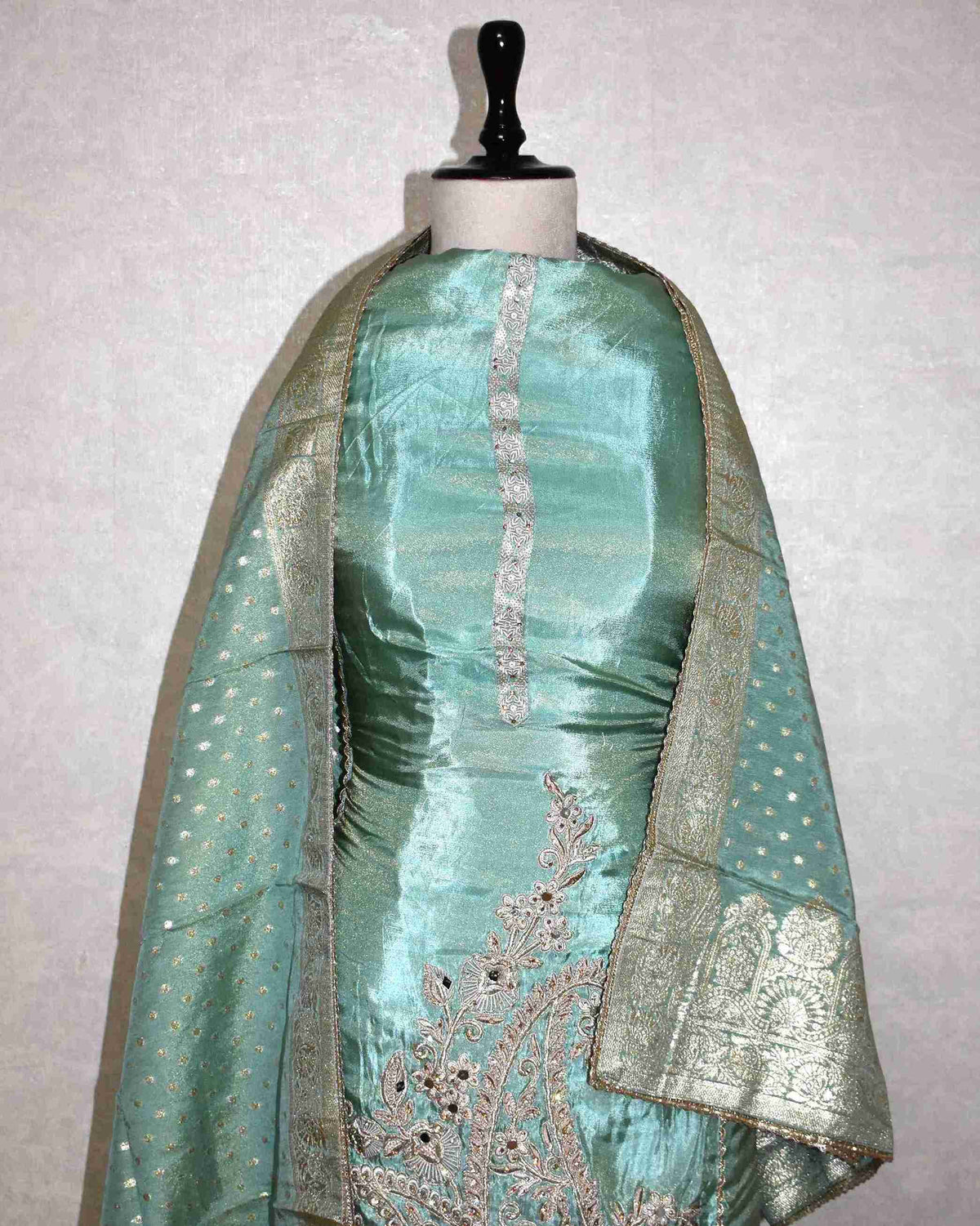 Blue Designer Suit Set with Intricate Paisley Embroidery & Banarasi Dupatta