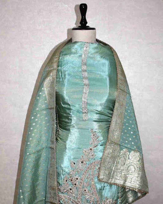 Blue Designer Suit Set with Intricate Paisley Embroidery & Banarasi Dupatta