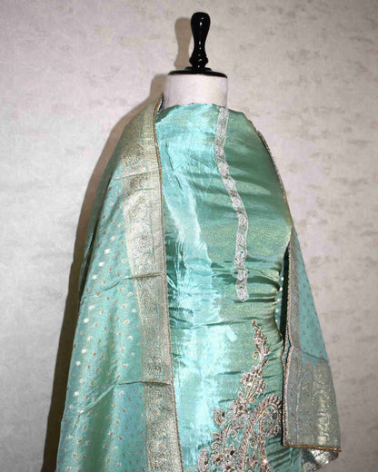 Blue Designer Suit Set with Intricate Paisley Embroidery & Banarasi Dupatta