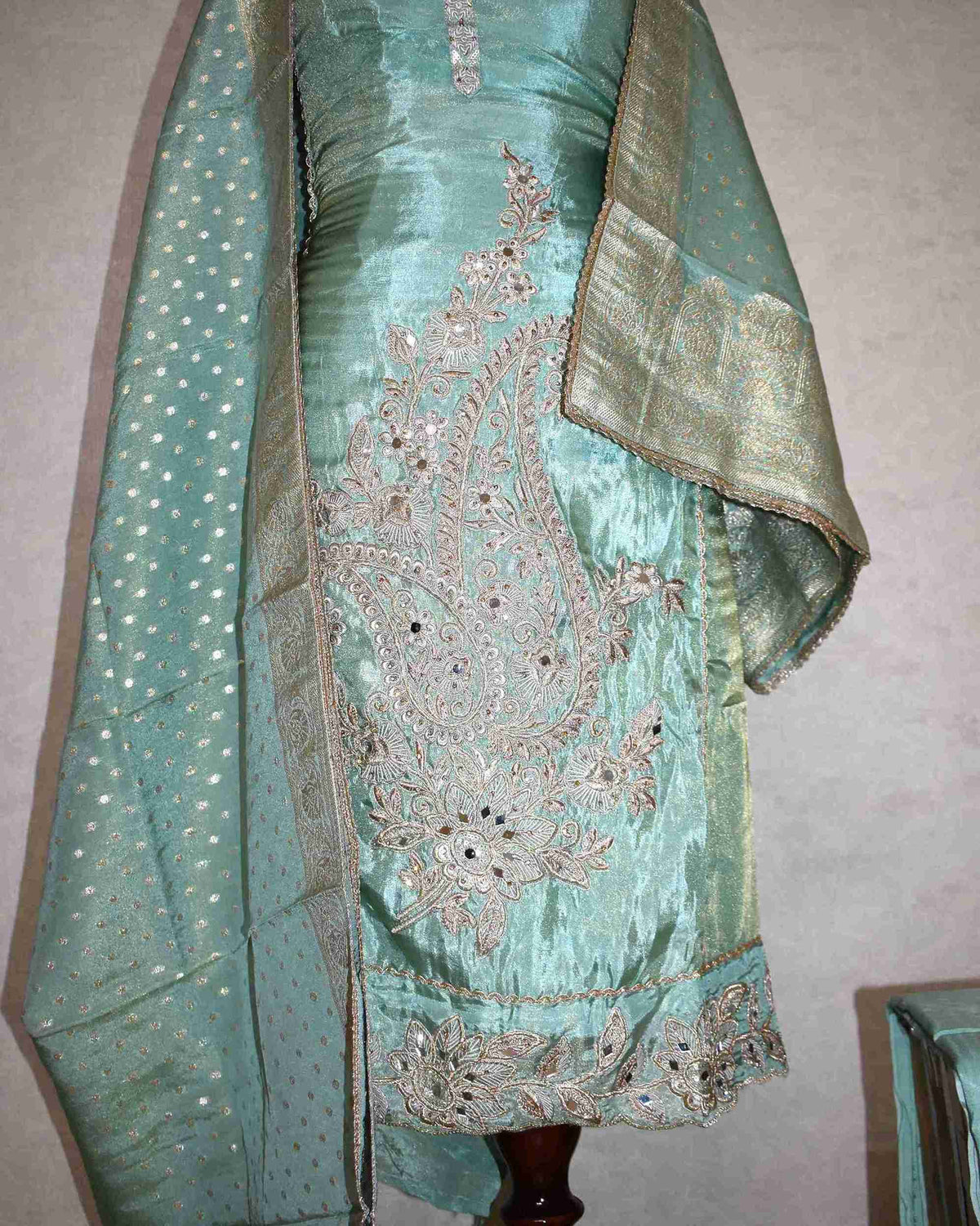 Blue Designer Suit Set with Intricate Paisley Embroidery & Banarasi Dupatta