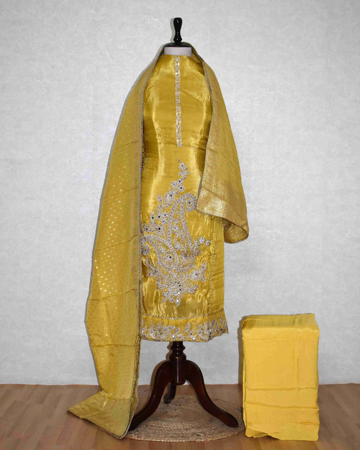Sunflower Yellow Designer Suit Set with Intricate Paisley Embroidery & Banarasi Dupatta