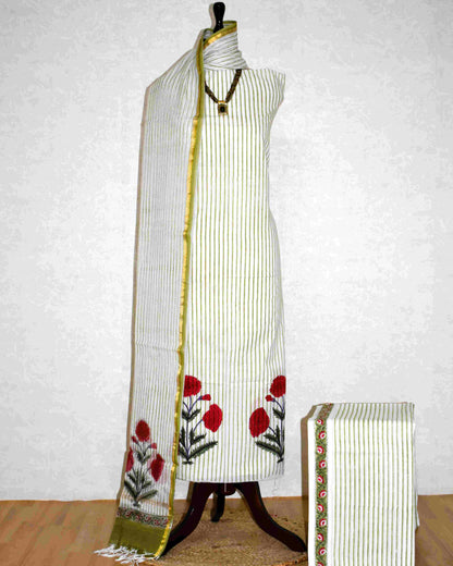 Hand Block Printed Premium Cotton Unstitched Suit with Red Floral Buta & Kota Doria Dupatta - Curated Edit
