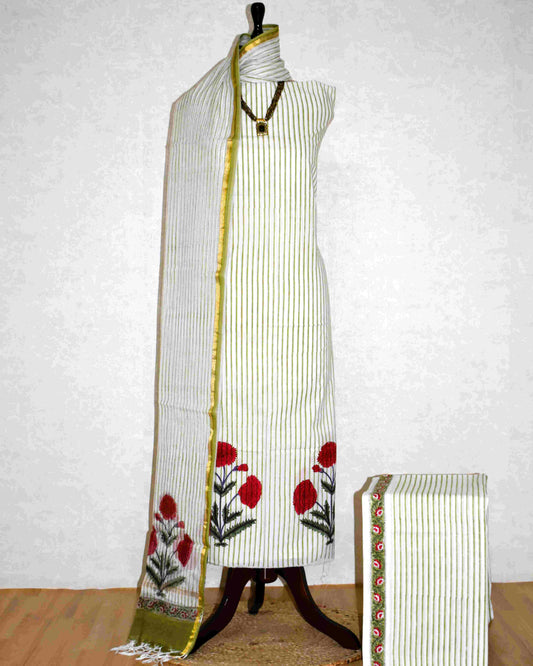 Hand Block Printed Premium Cotton Unstitched Suit with Red Floral Buta & Kota Doria Dupatta - Curated Edit