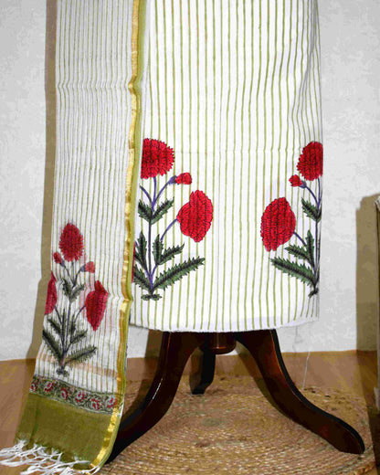Hand Block Printed Premium Cotton Unstitched Suit with Red Floral Buta & Kota Doria Dupatta - Curated Edit