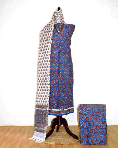Ink Blue All-over Floral Jaal Hand Block Printed Cotton Suit With Kota Doria Dupatta