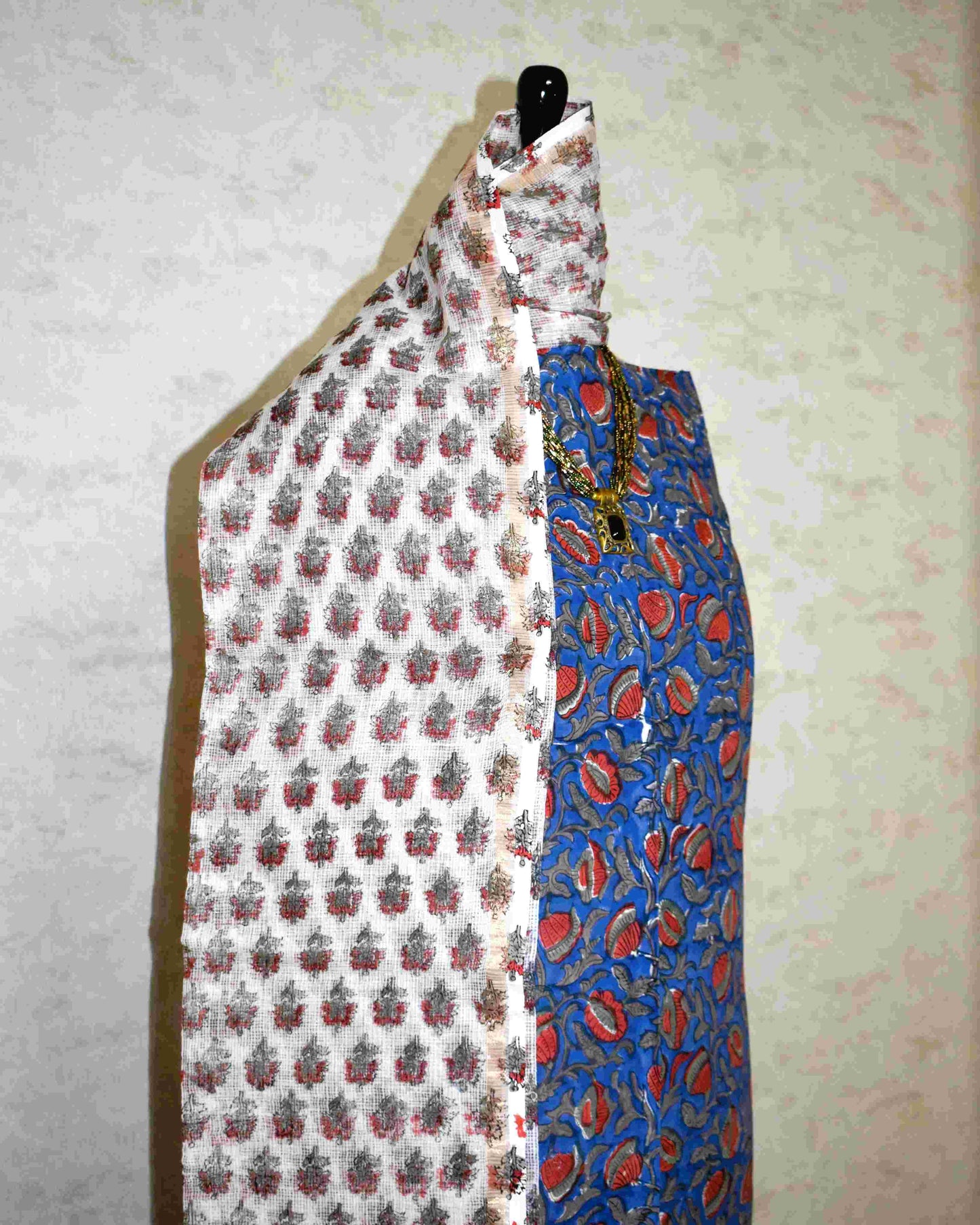 Ink Blue All-over Floral Jaal Hand Block Printed Cotton Suit With Kota Doria Dupatta