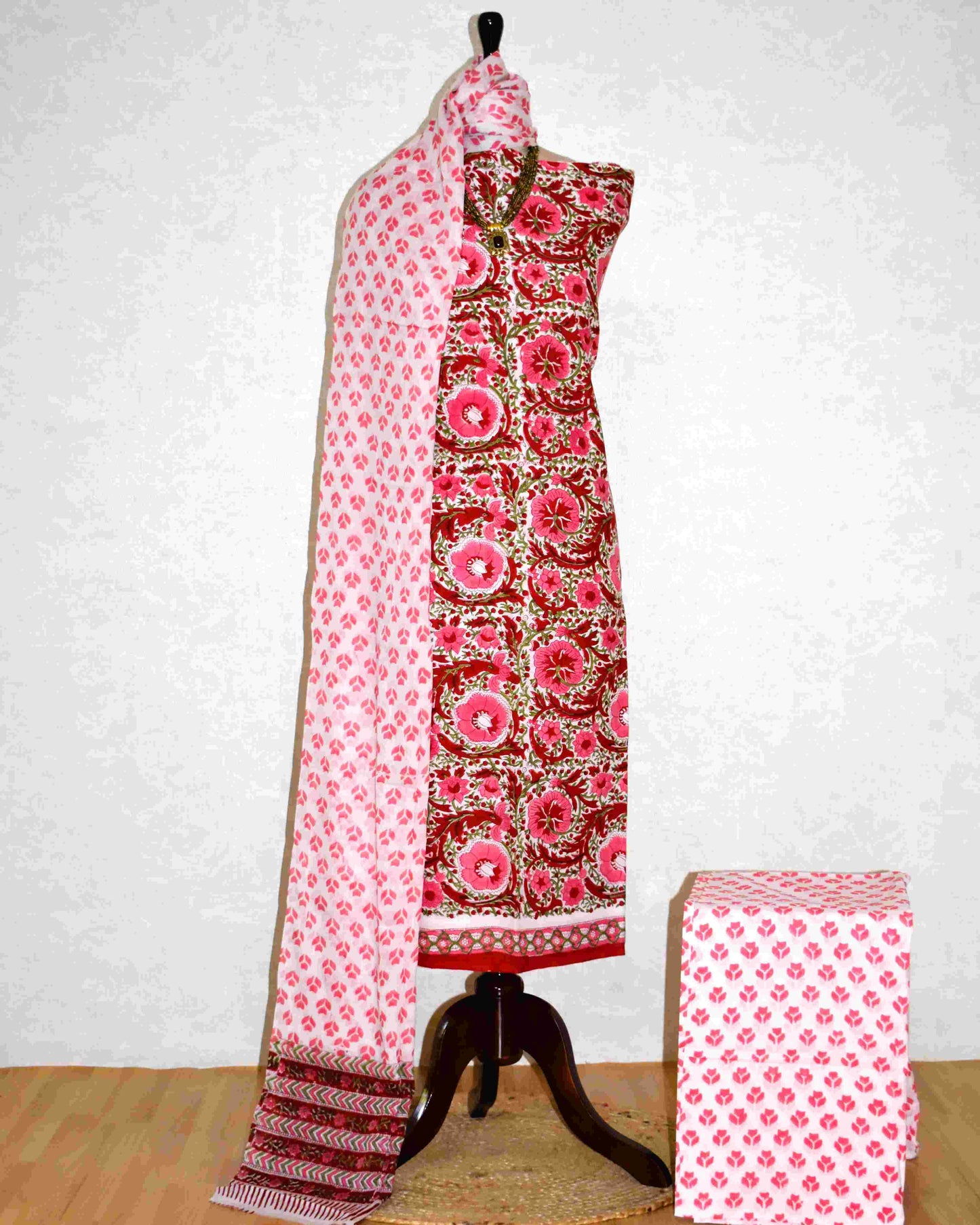 All-over Red Floral Jaal Hand Block Printed Cotton Suit with Malmal Dupatta