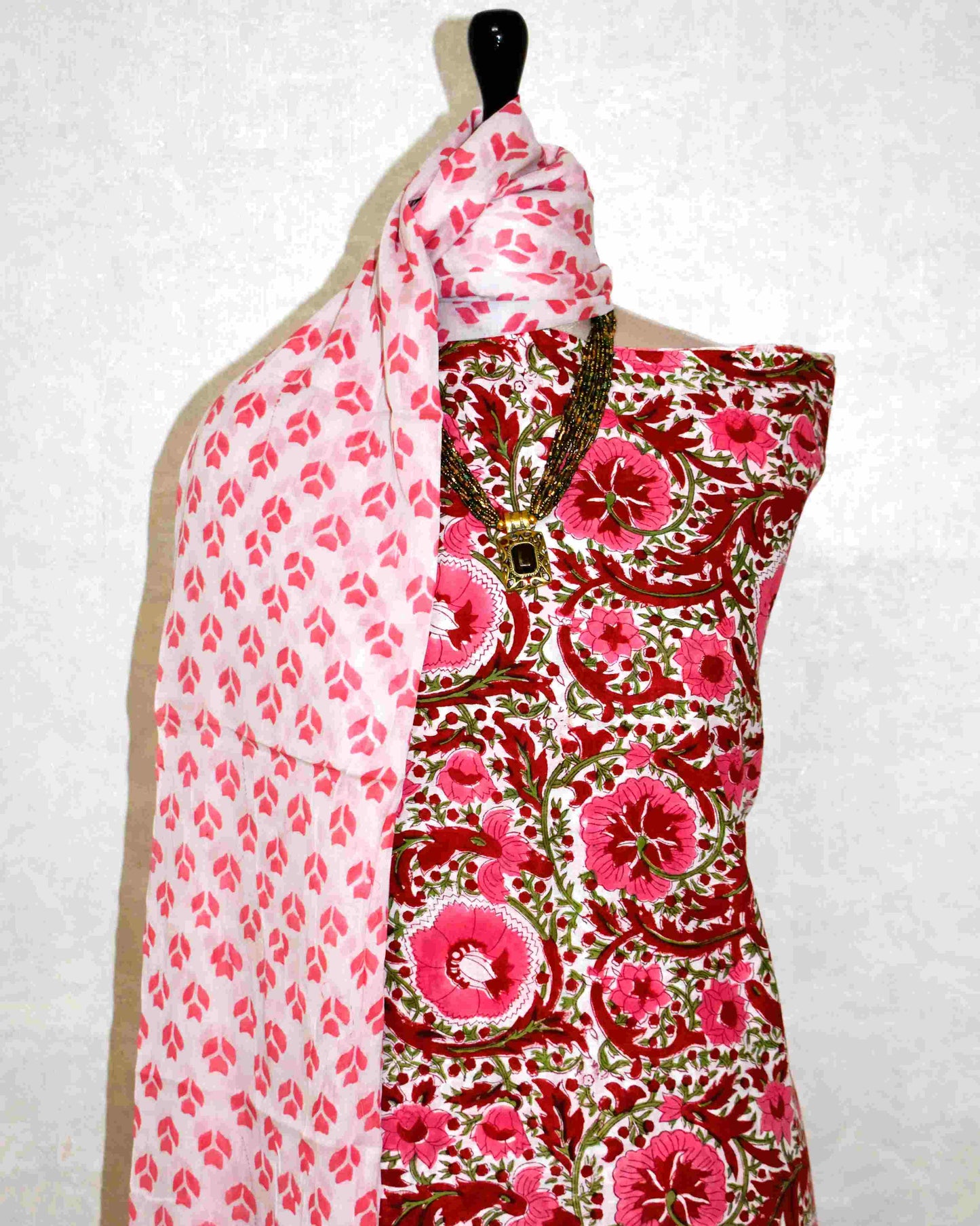 All-over Red Floral Jaal Hand Block Printed Cotton Suit with Malmal Dupatta
