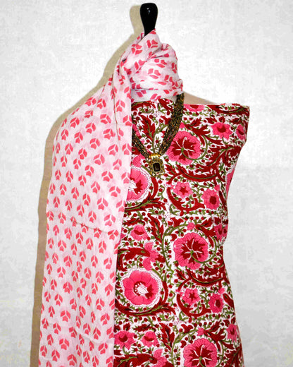 All-over Red Floral Jaal Hand Block Printed Cotton Suit with Malmal Dupatta
