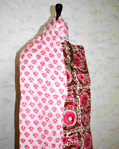 All-over Red Floral Jaal Hand Block Printed Cotton Suit with Malmal Dupatta
