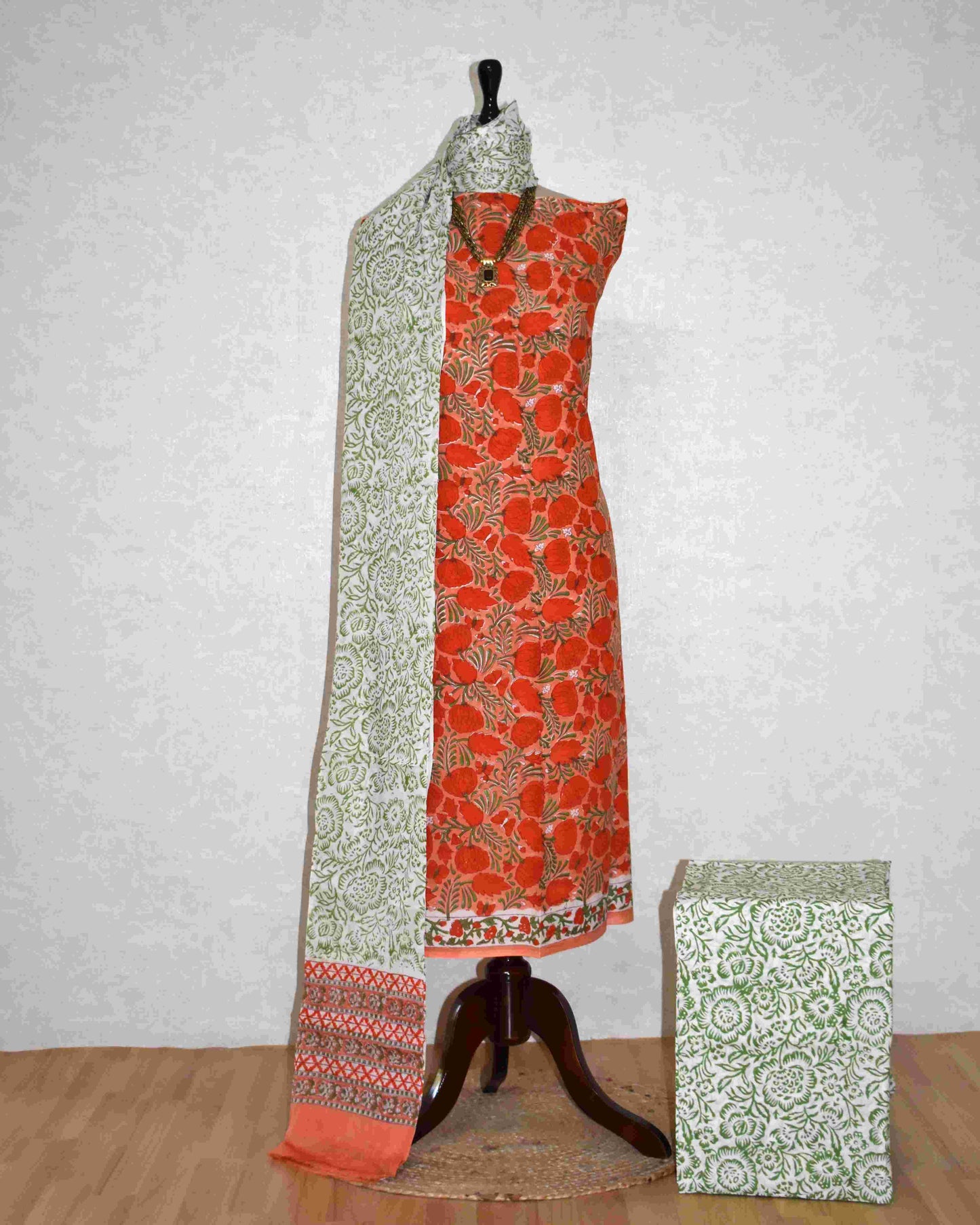 All-over Floral Jaal Hand Block Printed Cotton Suit with Malmal Dupatta