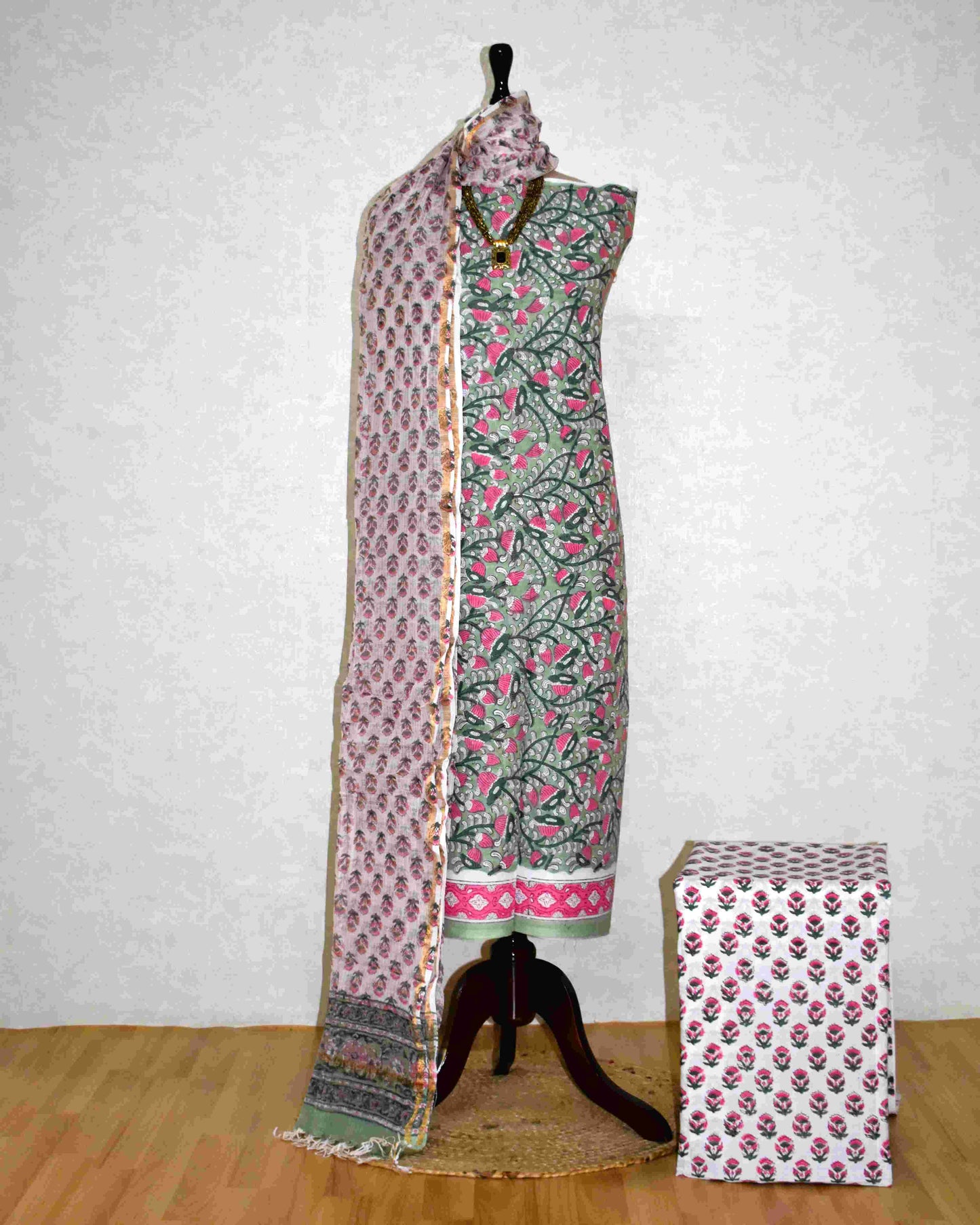 Mint Green with All-over Floral Jaal Hand Block Printed Cotton Suit With Kota Doria Dupatta