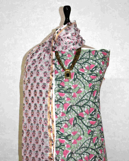Mint Green with All-over Floral Jaal Hand Block Printed Cotton Suit With Kota Doria Dupatta