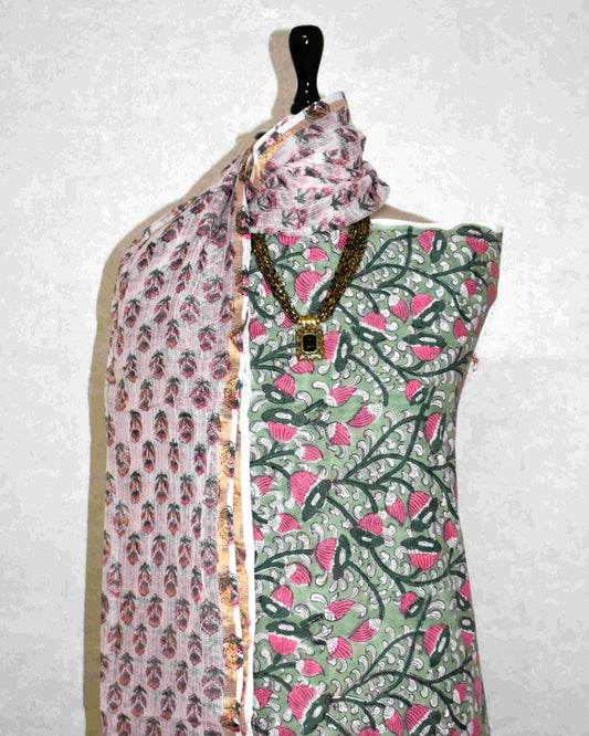 Mint Green with All-over Floral Jaal Hand Block Printed Cotton Suit With Kota Doria Dupatta