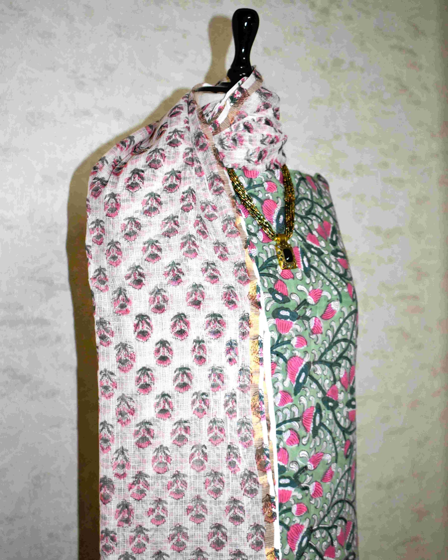 Mint Green with All-over Floral Jaal Hand Block Printed Cotton Suit With Kota Doria Dupatta