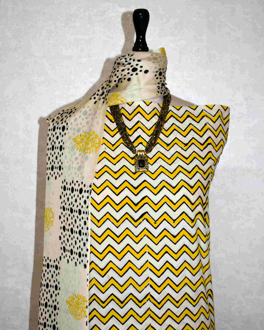 Hand Block Printed Cotton Suit with Pure Chiffon dupatta