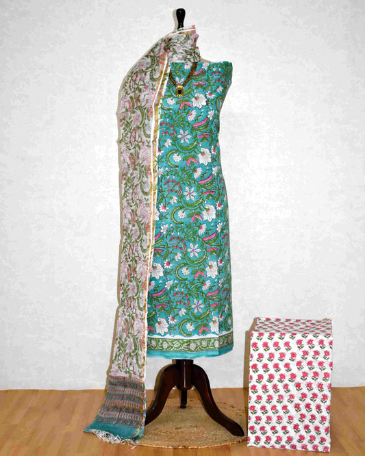 Green with All-over Floral Jaal Hand Block Printed Cotton Suit With Kota Doria Dupatta