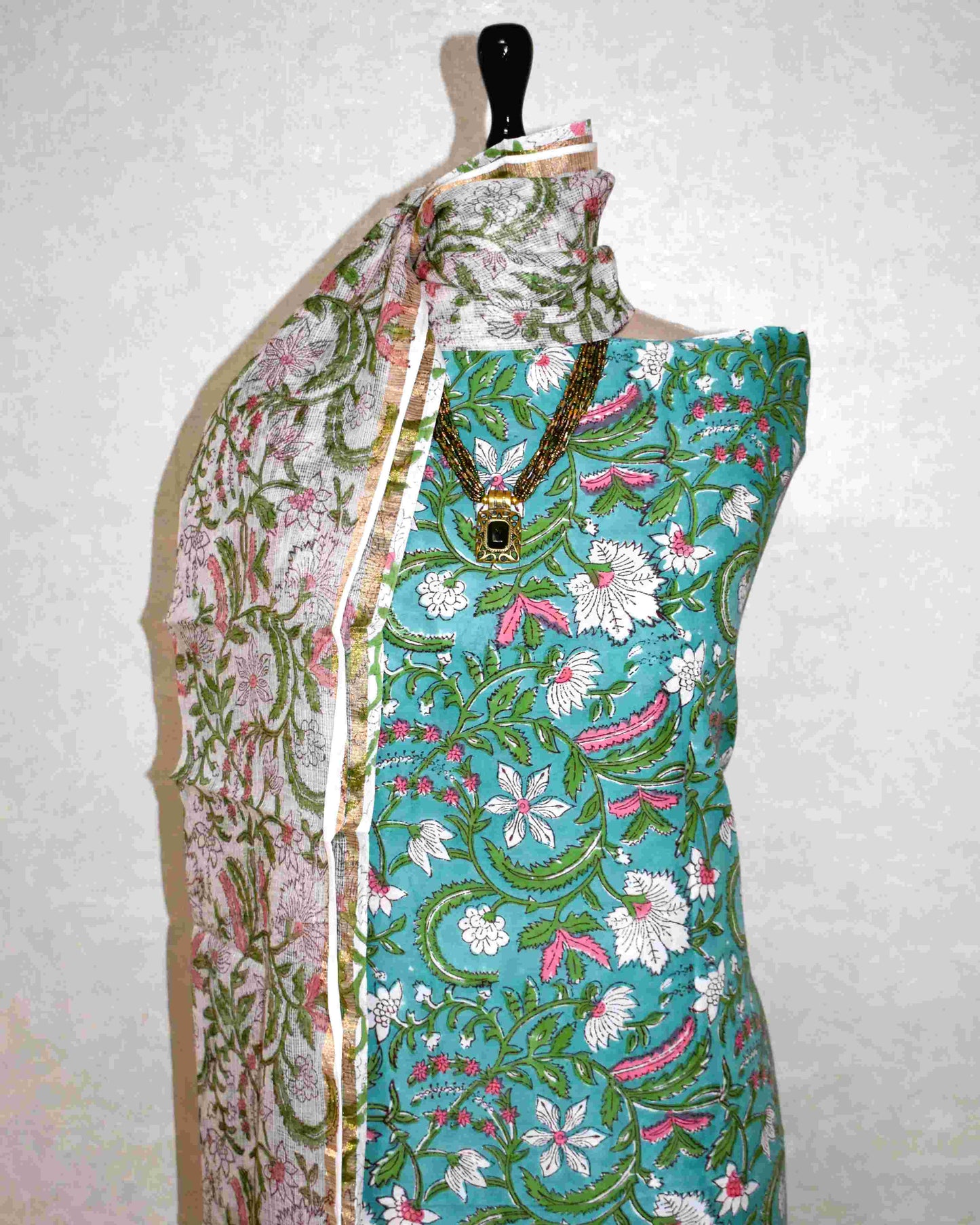 Green with All-over Floral Jaal Hand Block Printed Cotton Suit With Kota Doria Dupatta