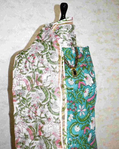 Green with All-over Floral Jaal Hand Block Printed Cotton Suit With Kota Doria Dupatta