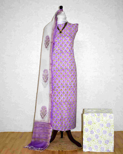 Green with All-over Floral Jaal Hand Block Printed Cotton Suit With Kota Doria Dupatta