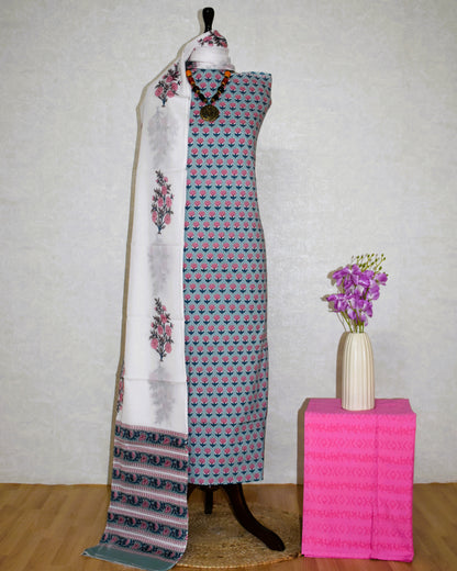 All-over Pink Floral Buti in Sky Blue Hand Block Printed Cotton Suit with Malmal Dupatta