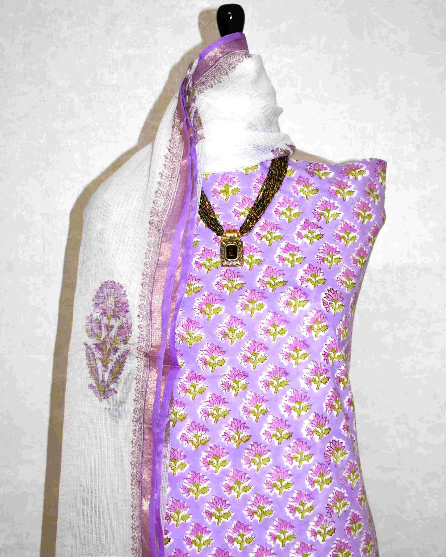 Green with All-over Floral Jaal Hand Block Printed Cotton Suit With Kota Doria Dupatta