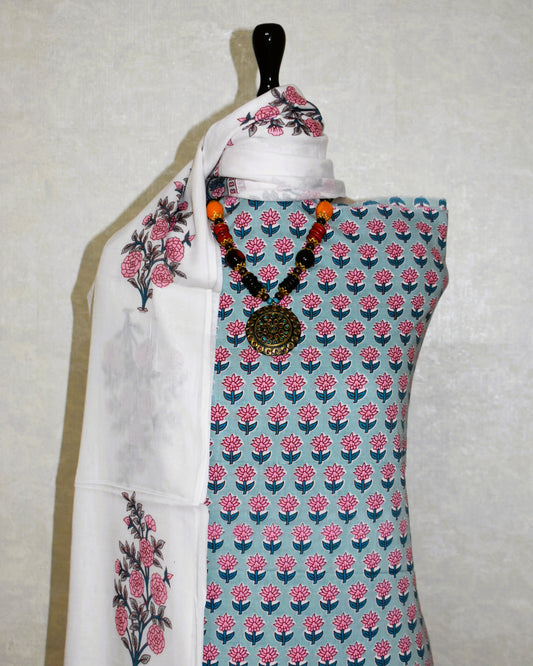 All-over Pink Floral Buti in Sky Blue Hand Block Printed Cotton Suit with Malmal Dupatta