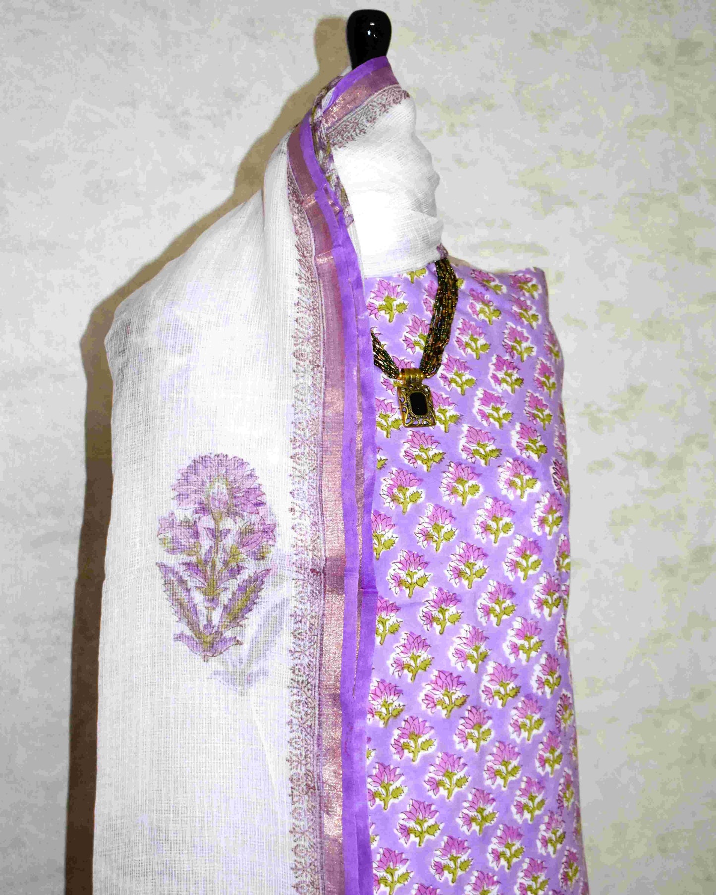 Green with All-over Floral Jaal Hand Block Printed Cotton Suit With Kota Doria Dupatta