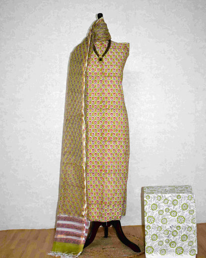 Green with All-over Floral Jaal Hand Block Printed Cotton Suit With Kota Doria Dupatta